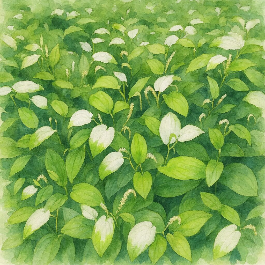 白化した葉が特徴のハンゲショウの群生を柔らかな筆致で描いた水彩画イラスト