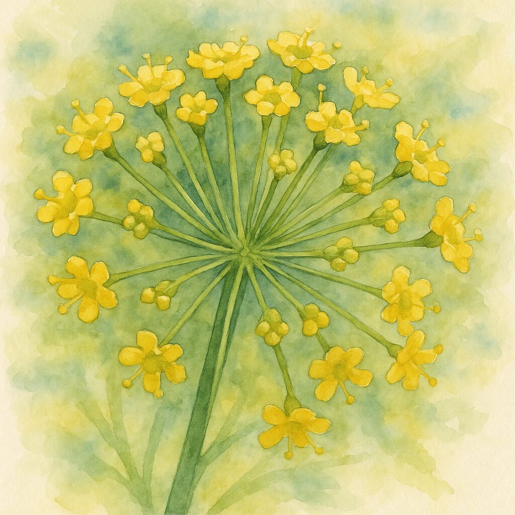 フェンネルの黄色い花序を繊細なタッチで描いた水彩画風イラスト
