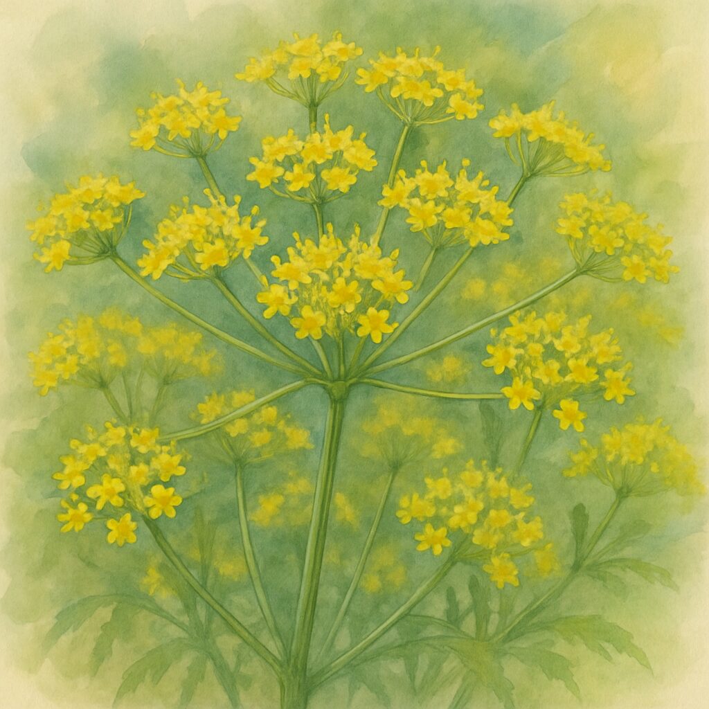 フェンネルの花序を繊細な筆致で描いた水彩画風のボタニカルイラスト