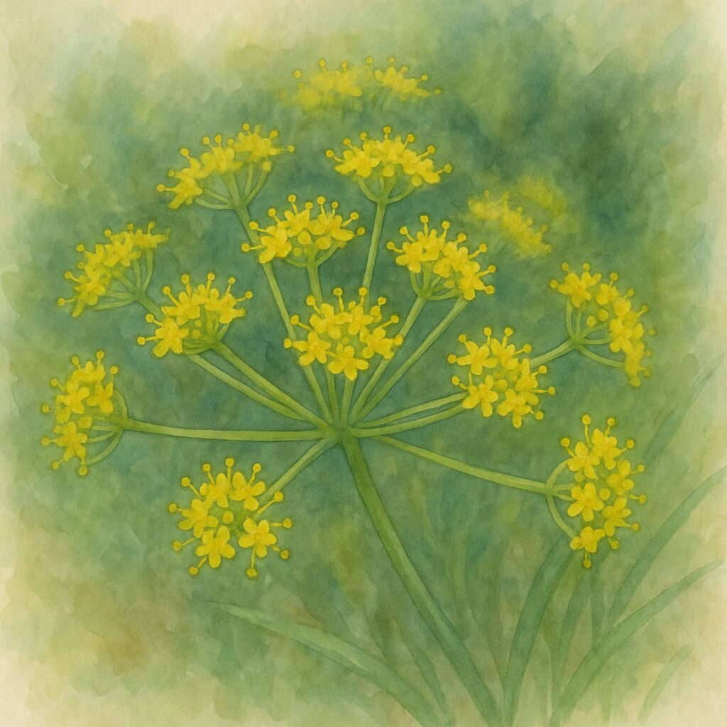 フェンネルの半球状に広がる花序を繊細な筆致で描いた水彩画風ボタニカルイラスト