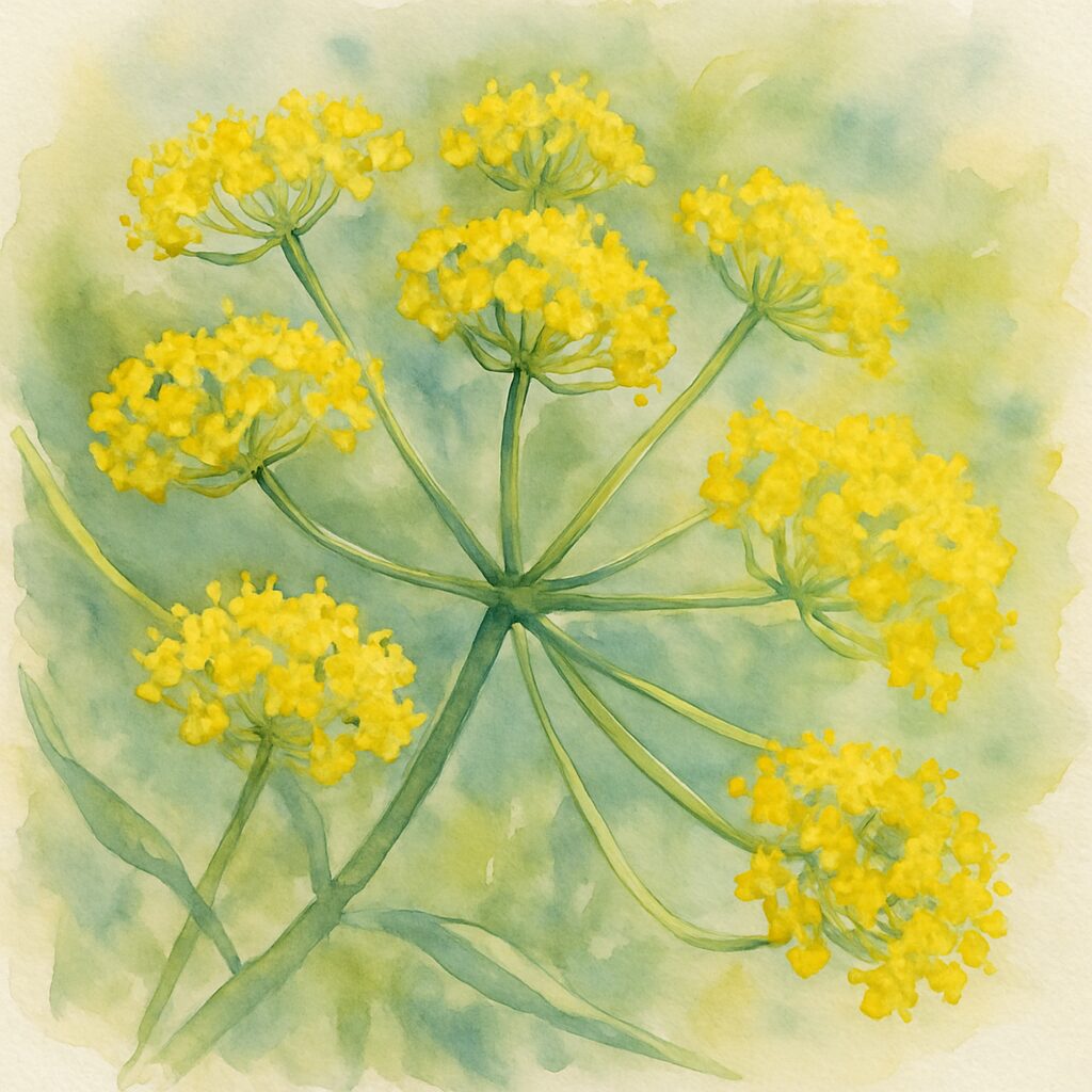 フェンネルの弧状に広がる花序を繊細な筆致で描いた水彩画風ボタニカルイラスト