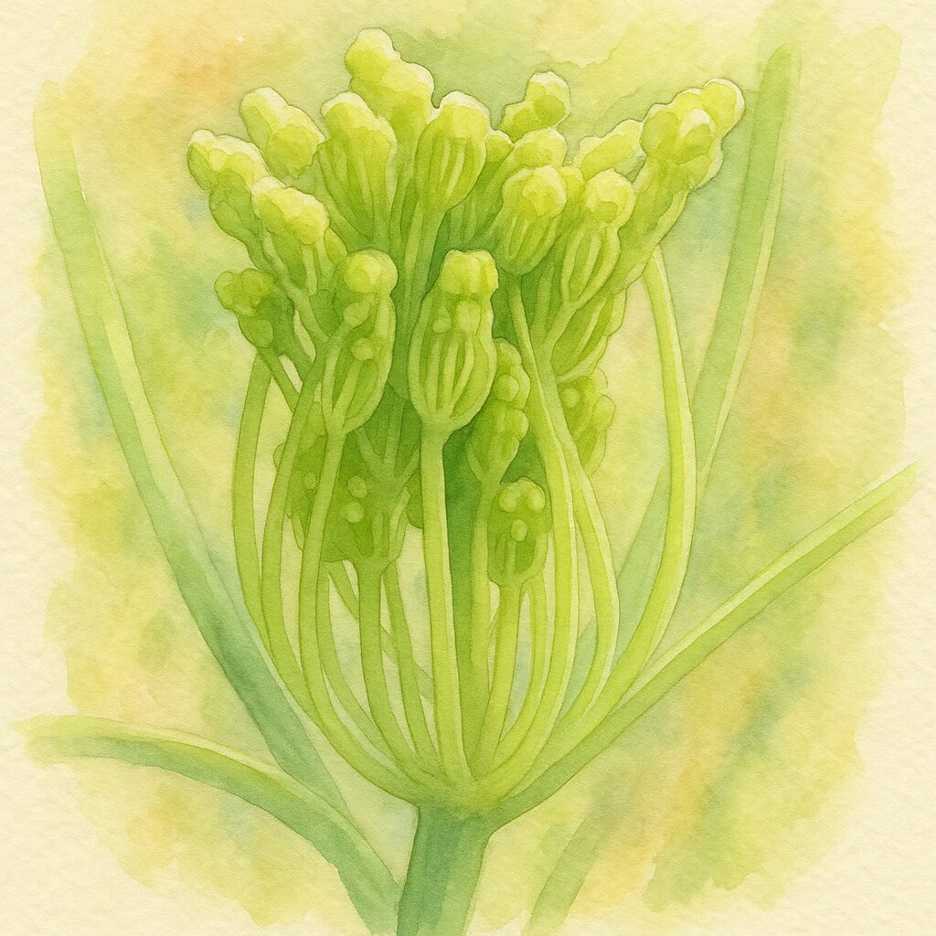 フェンネルの未成熟な花序の立体的な造形を繊細に描いた水彩画風ボタニカルイラスト