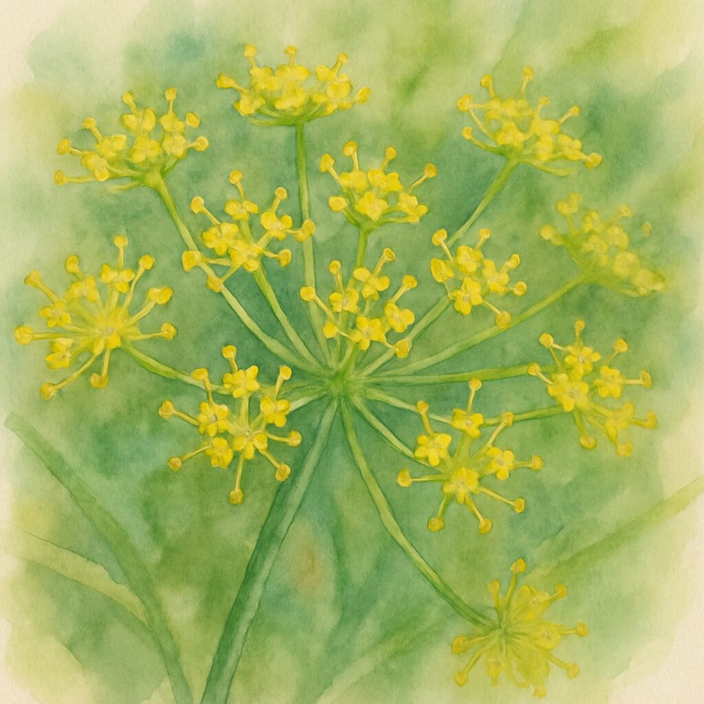 フェンネルの放射状に咲く小花を繊細なタッチで描いた水彩画風ボタニカルイラスト