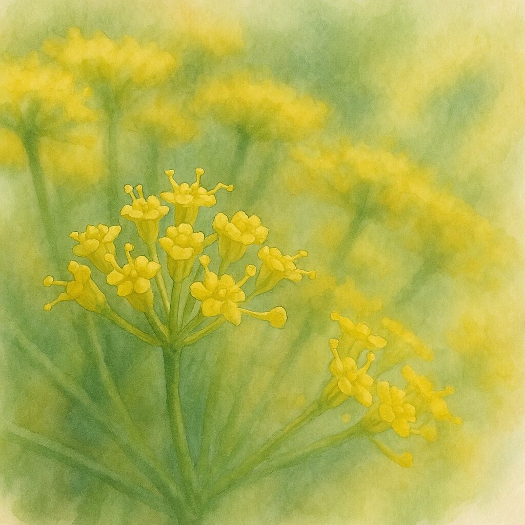 前景のフェンネルの黄色い小花を中心に柔らかいぼかし背景で描いた水彩画風ボタニカルイラスト