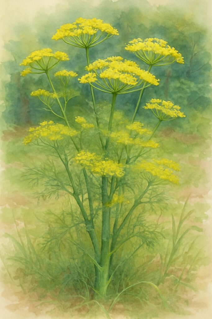 複数の花序が茂るフェンネルの全体像を柔らかなタッチで描いた水彩画風ボタニカルイラスト