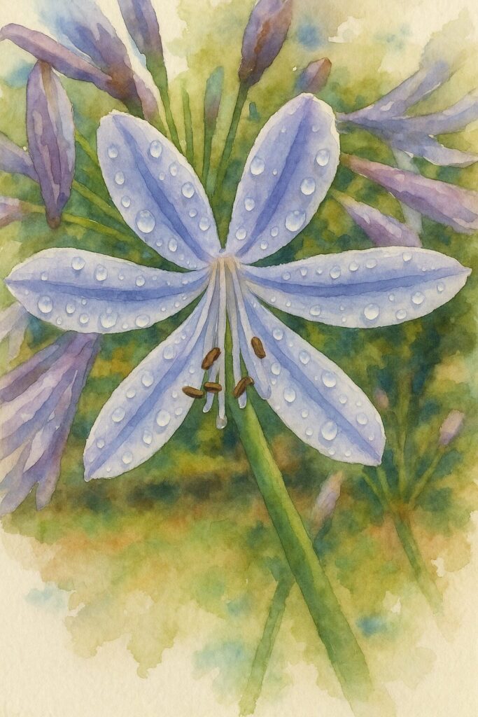雨上がりのアガパンサスを水彩画風に描いたイラスト。淡い紫色の花弁に水滴が描かれ、柔らかな色彩で夏の花を表現した作品