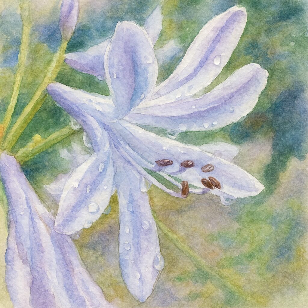 雨上がりのアガパンサスを横向きに描いた水彩画風イラスト。淡い紫色の花弁と水滴が柔らかなタッチで表現された作品