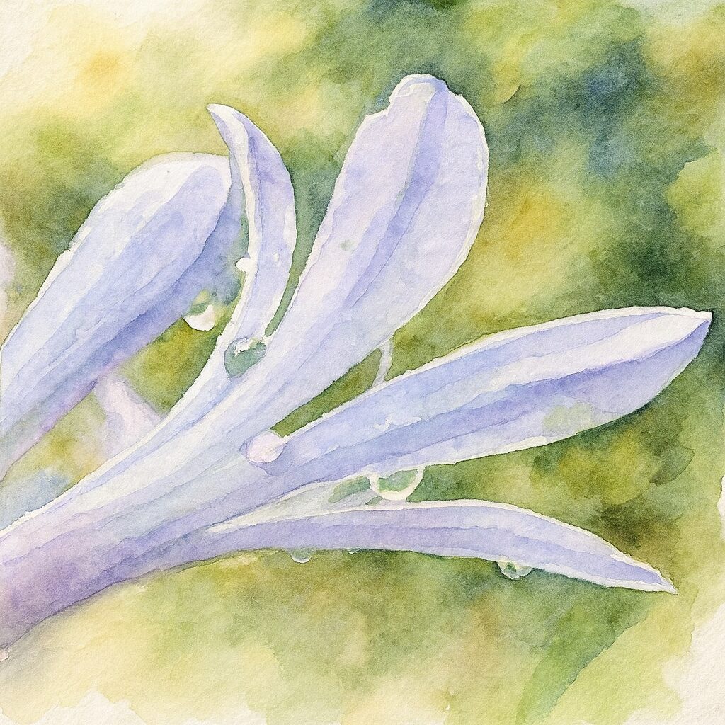 雨上がりのアガパンサスのつぼみと花弁を水彩画風に描いたイラスト。淡い紫色の花びらと透明感のある水滴が柔らかいタッチで表現された作品