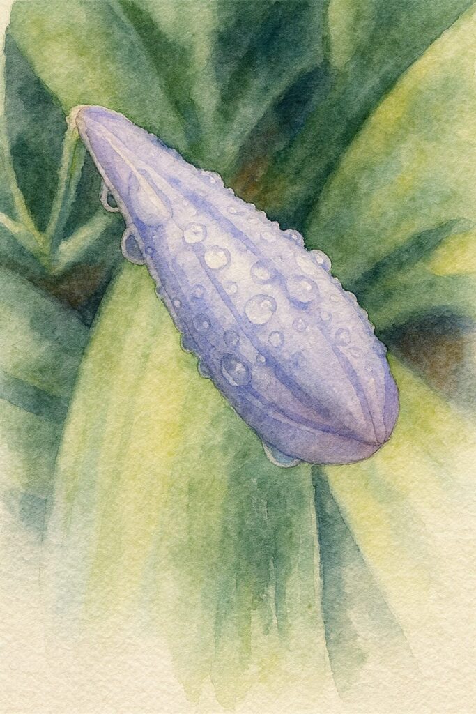 雨上がりのアガパンサスのつぼみを水彩画風に描いたイラスト。淡い紫色のつぼみと透明な水滴が柔らかな筆致で表現された植物画