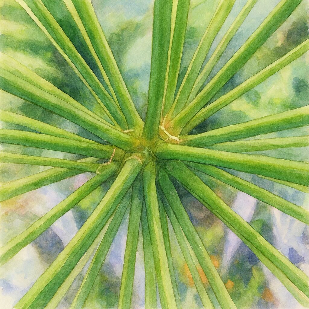 アガパンサスの花茎を真上から描いた水彩画風イラスト。放射状に広がる緑の茎が柔らかな筆致で表現された植物イラスト