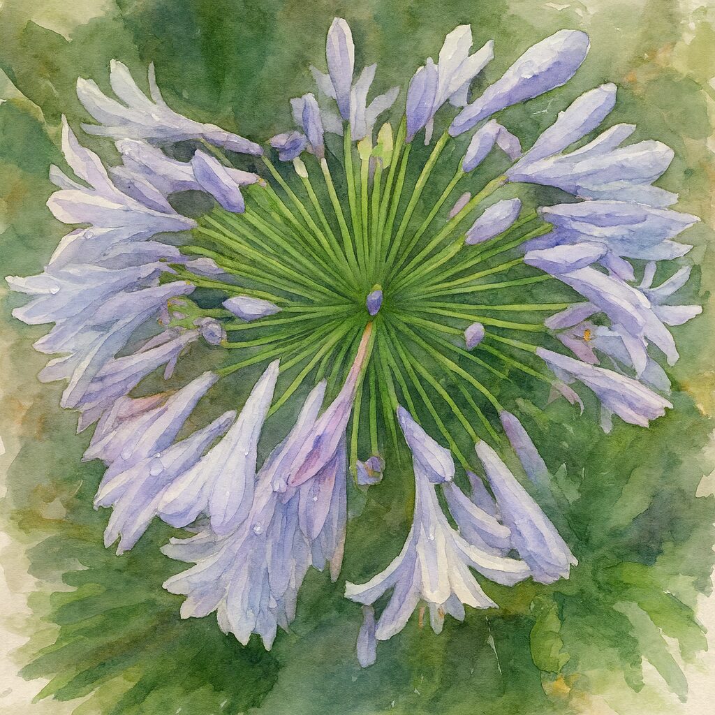 満開のアガパンサスを真上から描いた水彩画風イラスト。淡い紫色の花と放射状に広がる緑の茎が柔らかな筆致で表現された植物画