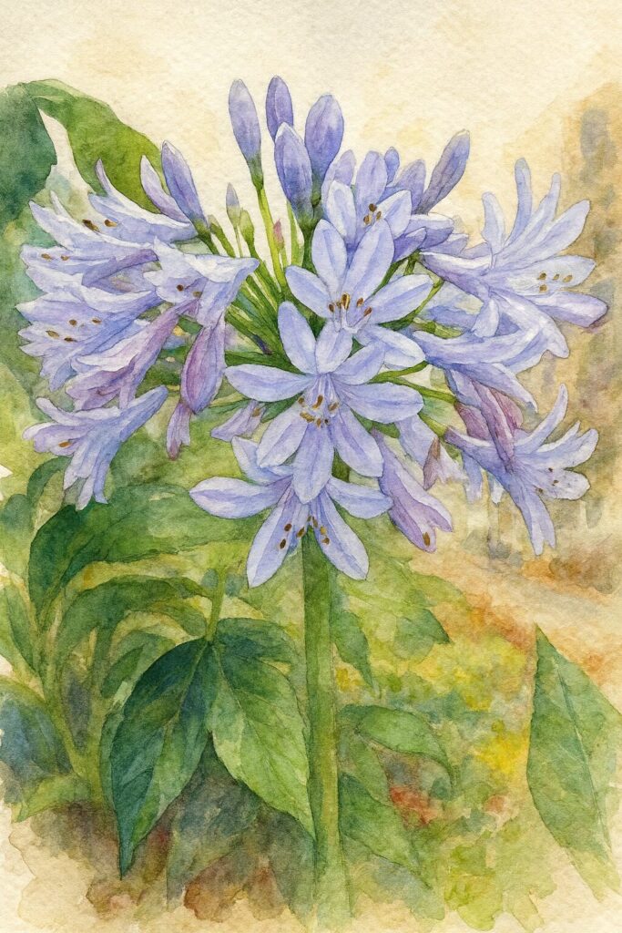 雨上がりのアガパンサスを描いた水彩画風イラスト。淡い紫色の花が丸く咲き広がり、水滴の表現が柔らかな筆致で描かれた植物画
