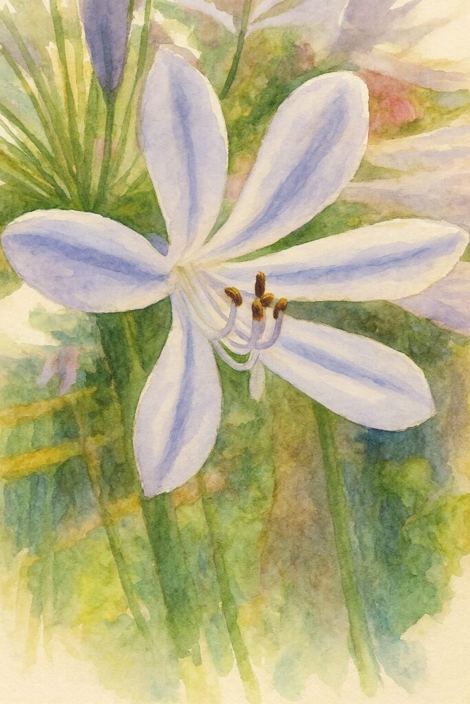 淡い紫色のアガパンサスの花を水彩画風に描いたイラスト。六枚の花弁が広がる姿と雄しべが柔らかな筆致で表現された植物画