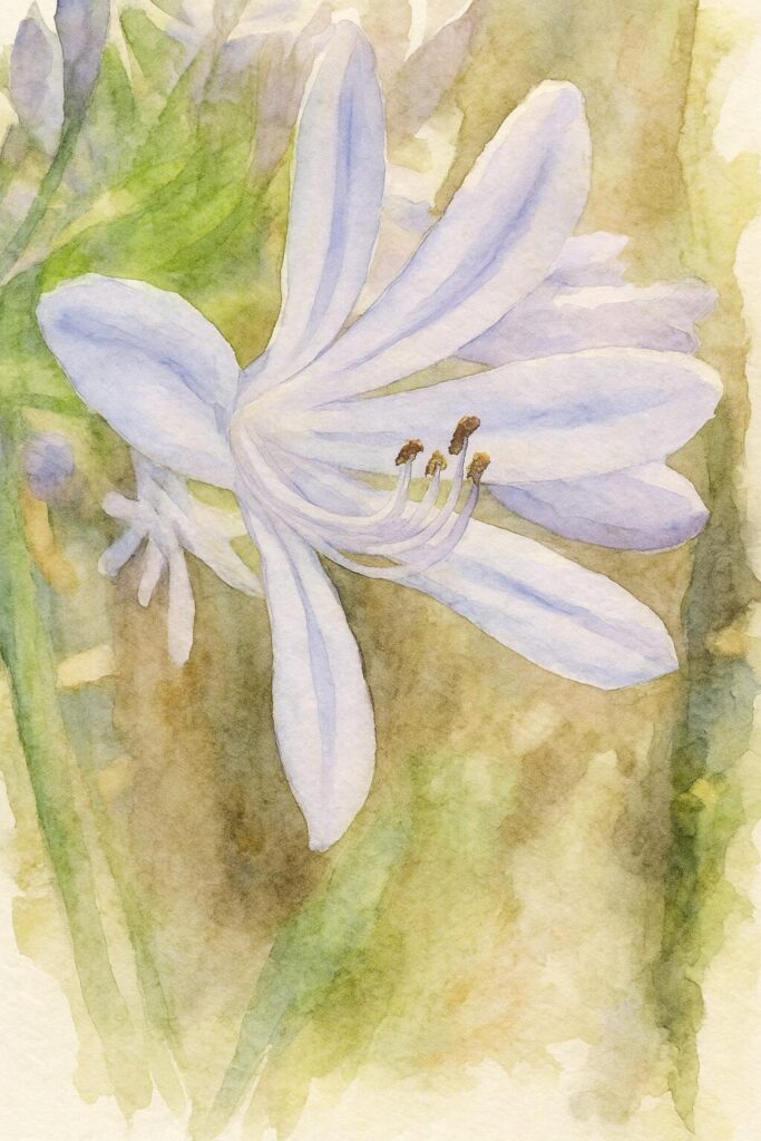 淡い紫色のアガパンサスの花を横向きに描いた水彩画風イラスト。柔らかな花弁の形と雄しべが繊細な筆致で表現された植物画