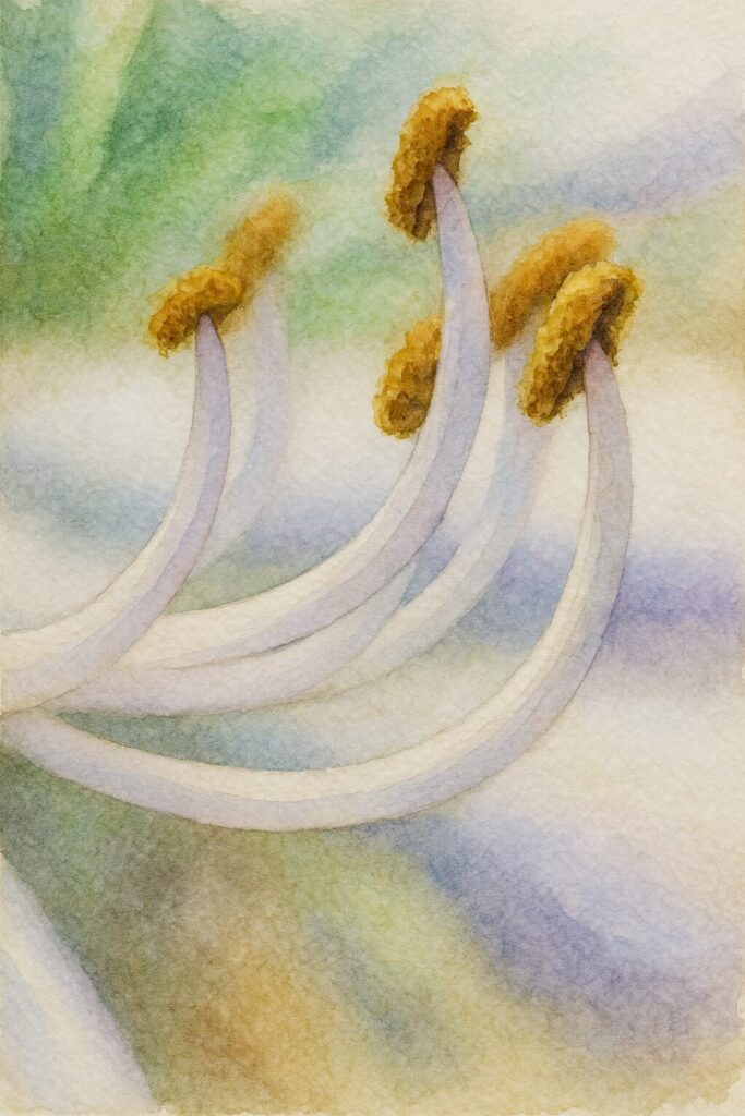 アガパンサスの雄しべを描いた水彩画風イラスト。黄色い花粉をまとった葯と白い花糸の曲線が柔らかいタッチで表現された植物画