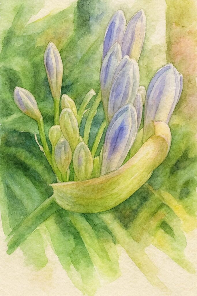 アガパンサスのつぼみが苞から顔を出す様子を描いた水彩画風イラスト。淡い紫のつぼみと柔らかな黄緑の茎が優しいタッチで表現された植物画