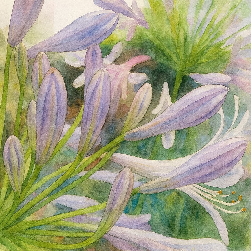 アガパンサスのつぼみを横向きに描いた水彩画風イラスト。細長い淡紫色のつぼみと緑の茎が柔らかなタッチで表現された植物画