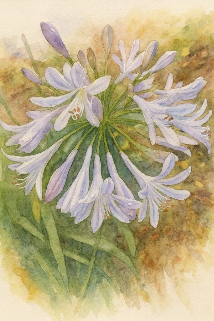 淡い紫色のアガパンサスの花房を描いた水彩画風イラスト。放射状に咲く花とつぼみが柔らかな筆致で表現された植物画