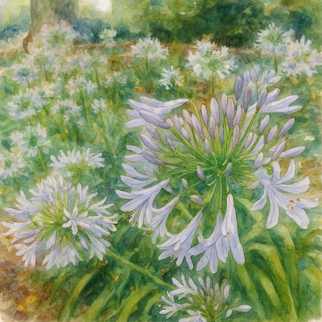 アガパンサスが群生する庭園の様子を描いた水彩画風イラスト。淡い紫色の花房が柔らかな筆致で広がる植物画