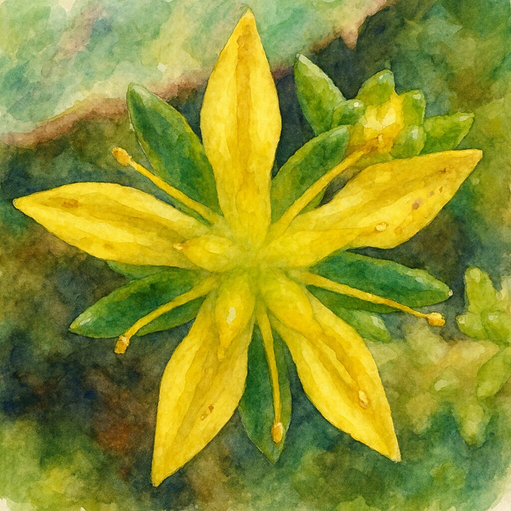 メノマンネングサの黄色い星形の花を真上から描いた水彩画風イラスト