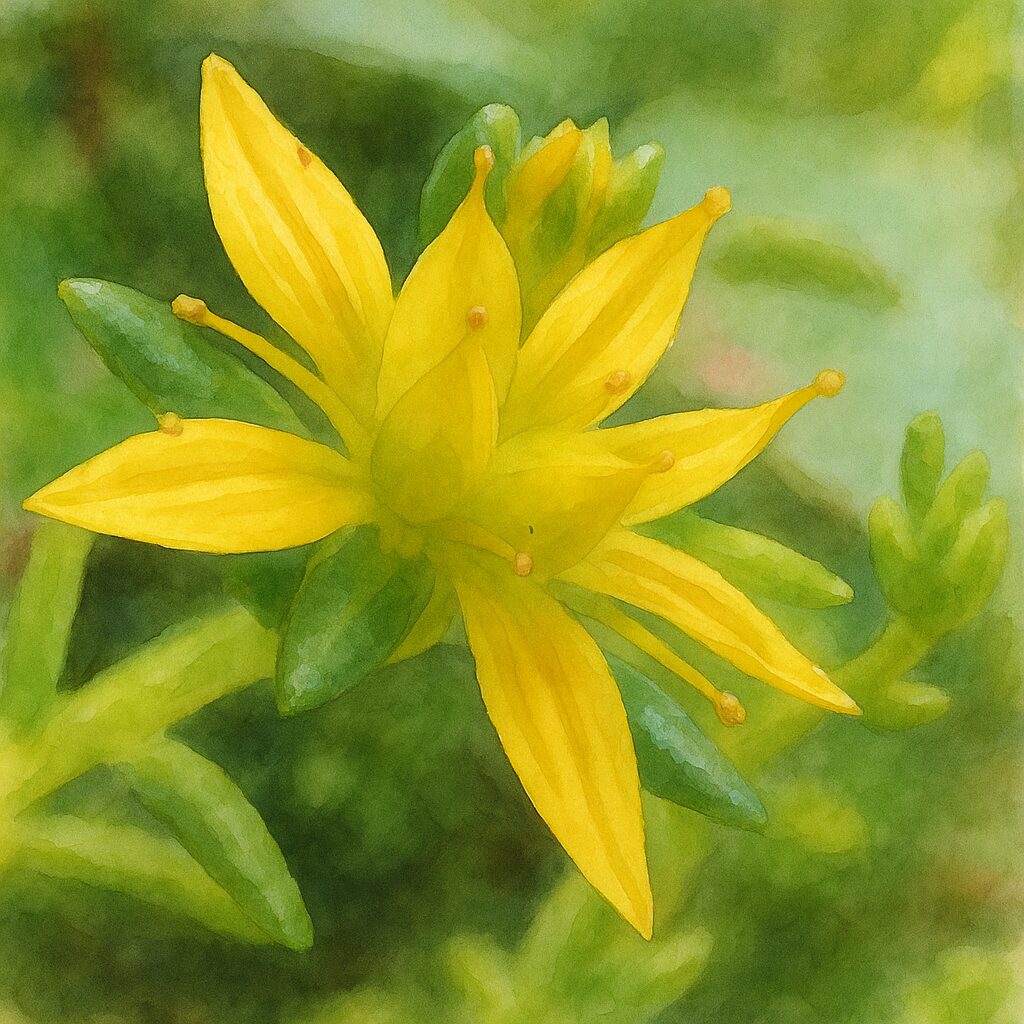 メノマンネングサの黄色い星形の花を斜めから描いた水彩画風イラスト