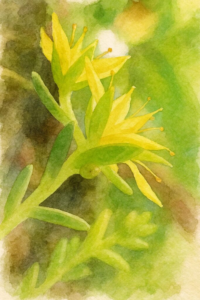 メノマンネングサの細長い黄色い花が横向きに咲く姿を描いた水彩画風イラスト