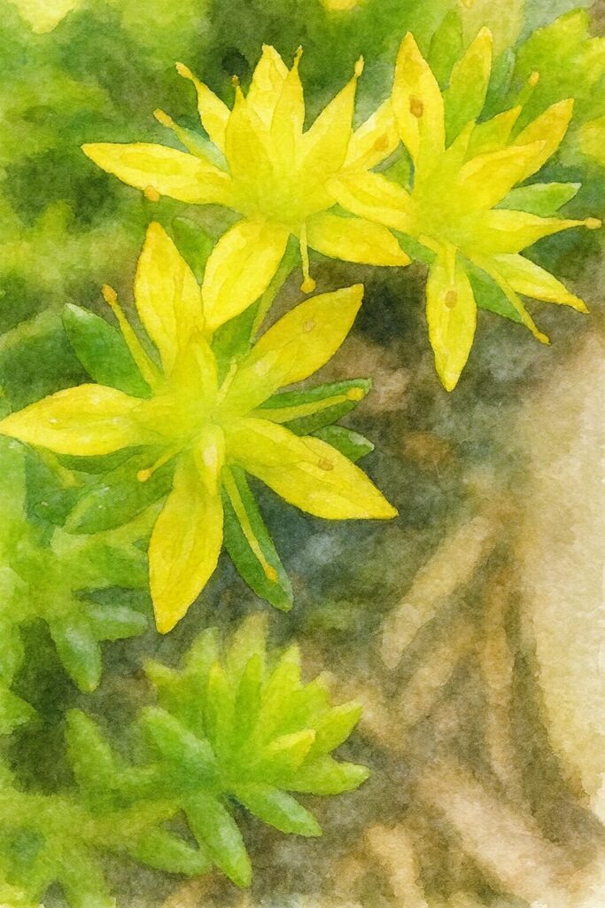 メノマンネングサの黄色い星形の花が二輪並んで咲く様子を描いた水彩画風イラスト