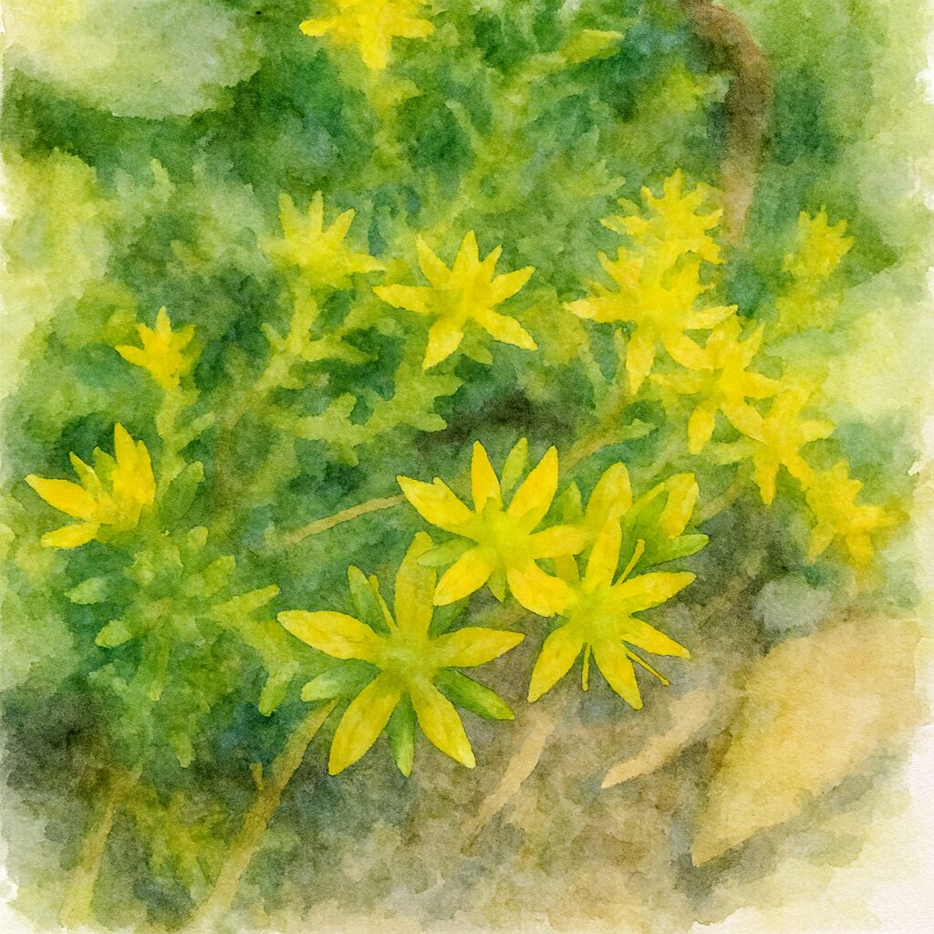 メノマンネングサの黄色い星形の花が群生して咲く様子を描いた水彩画風イラスト