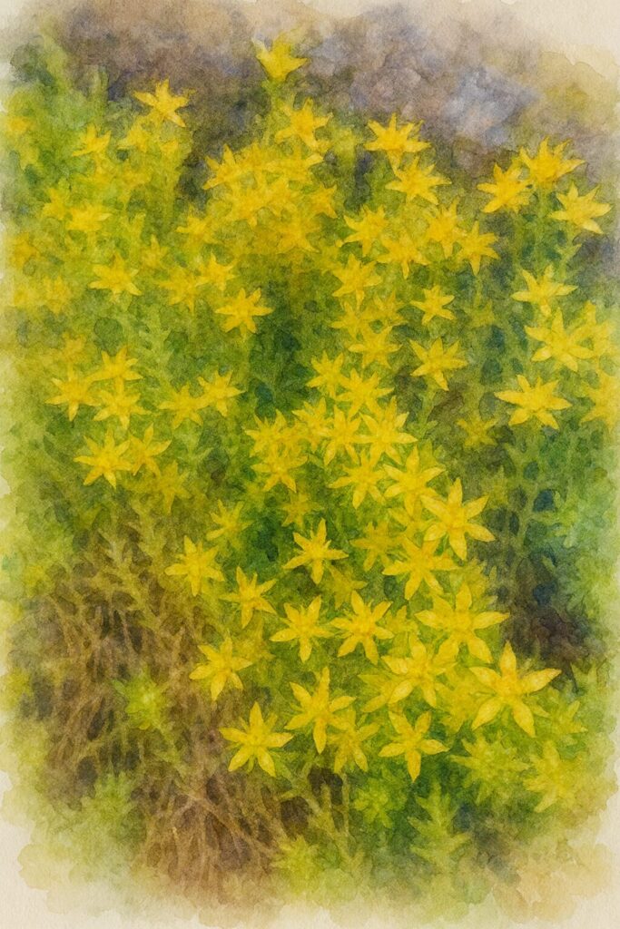 メノマンネングサの黄色い星形の花が岩場の前で群生して広がる様子を描いた水彩画風イラスト