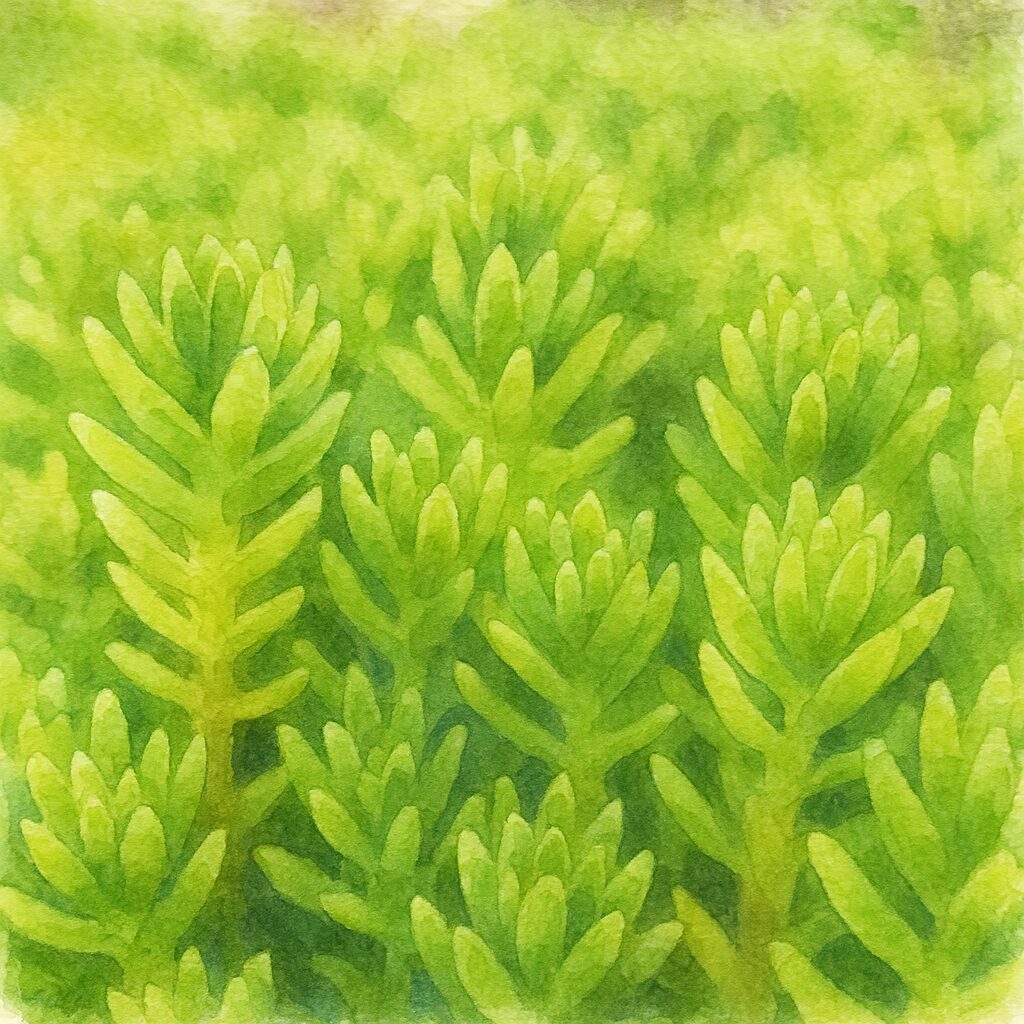 メノマンネングサの若い緑色の茎と葉が密に群生する様子を描いた水彩画風イラスト