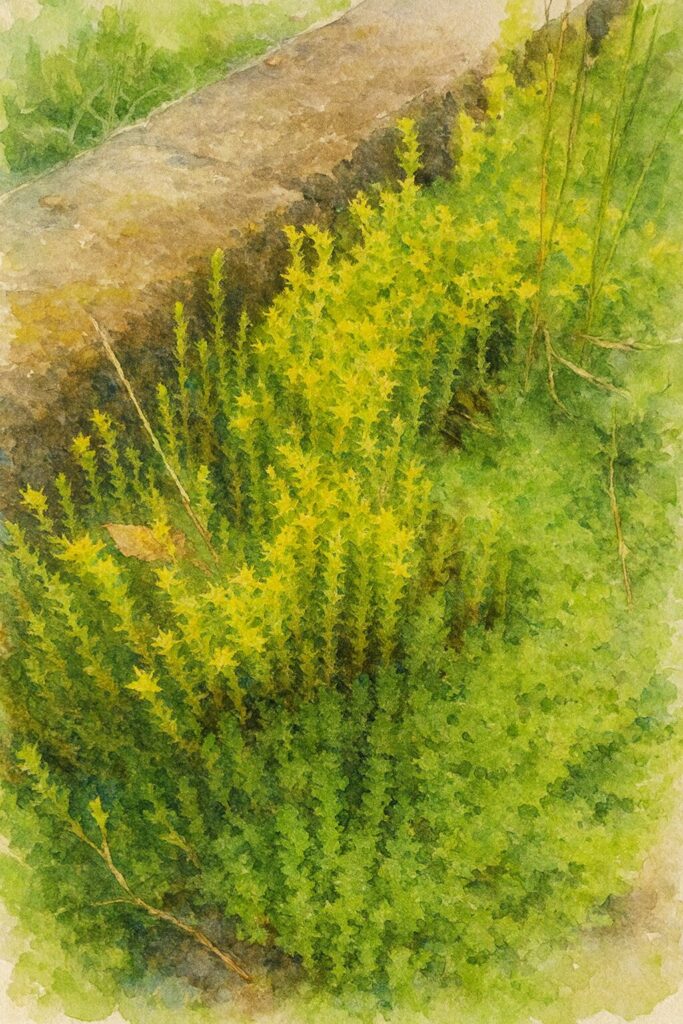 石の縁に沿ってメノマンネングサの黄色い花が群生して広がる様子を描いた水彩画風イラスト