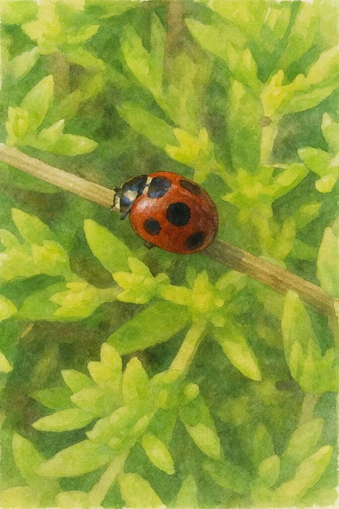 メノマンネングサの緑の葉の中を進むナナホシテントウを描いた水彩画風イラスト。細い茎の上に乗る赤い甲虫を柔らかい筆致で表現