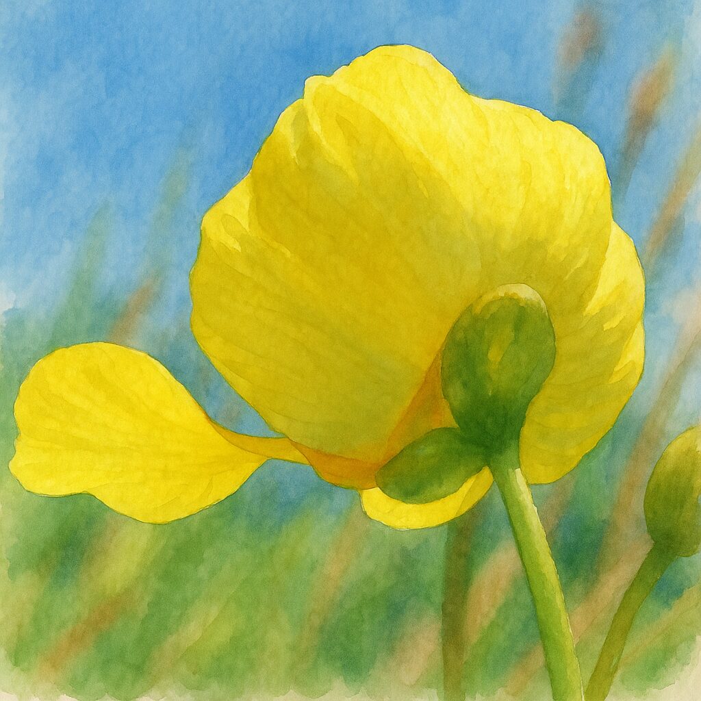 エフクレタヌキモの黄色い花を背面から描いた水彩画風イラスト