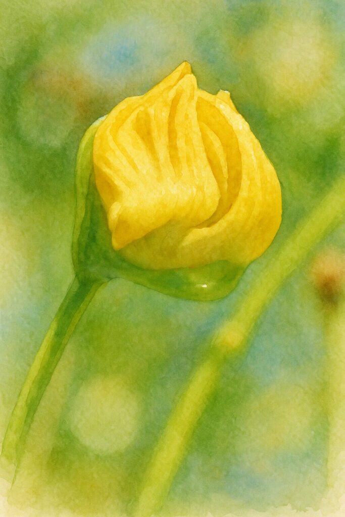 エフクレタヌキモの黄色い蕾を柔らかな質感で描いた水彩画風イラスト