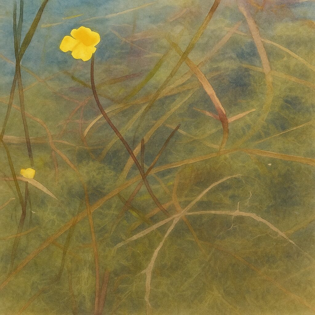 水中に揺れるエフクレタヌキモの茎と黄色い花を繊細なタッチで描いた水彩画風イラスト