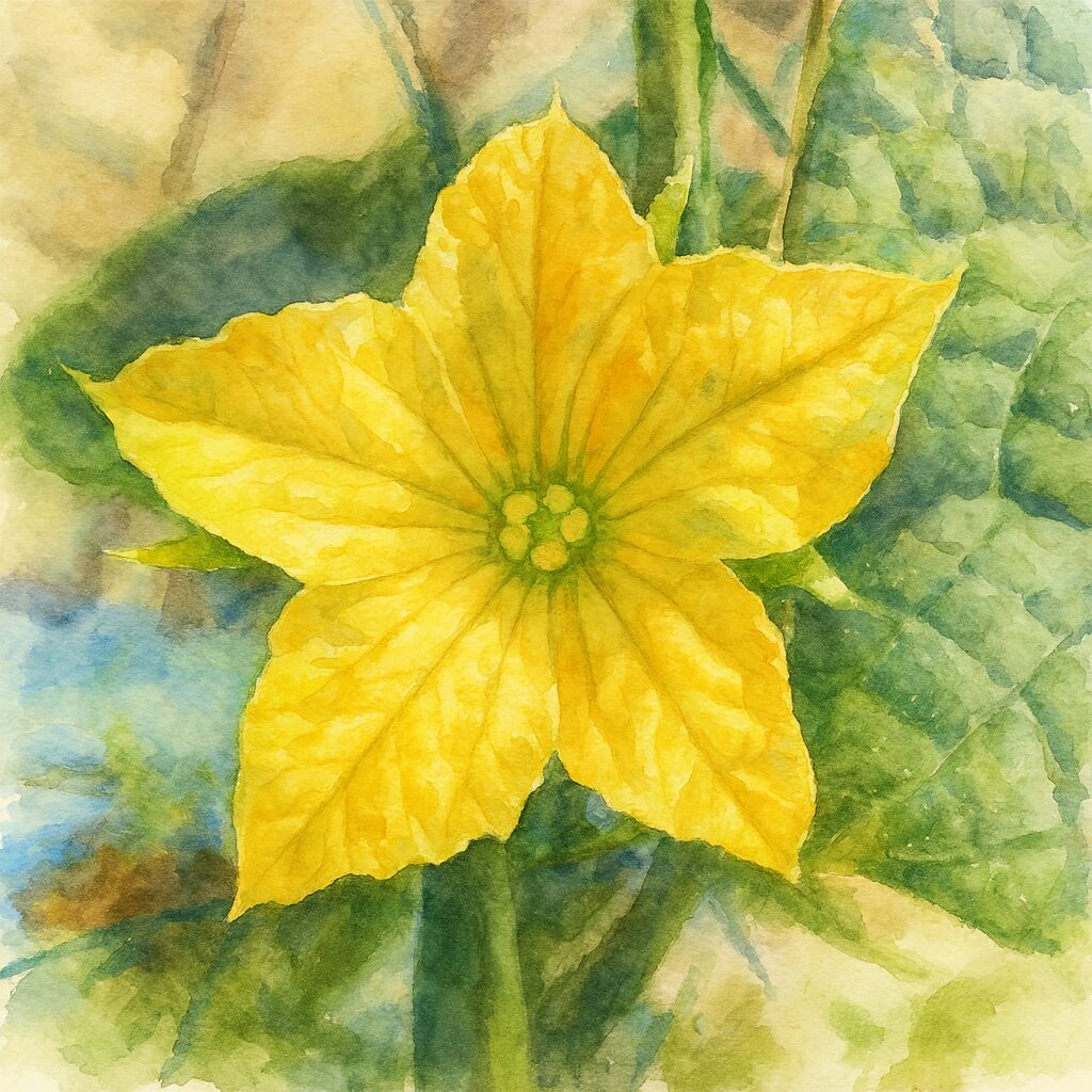 黄色いヘチマの花を柔らかいタッチで描いた水彩画風イラスト
