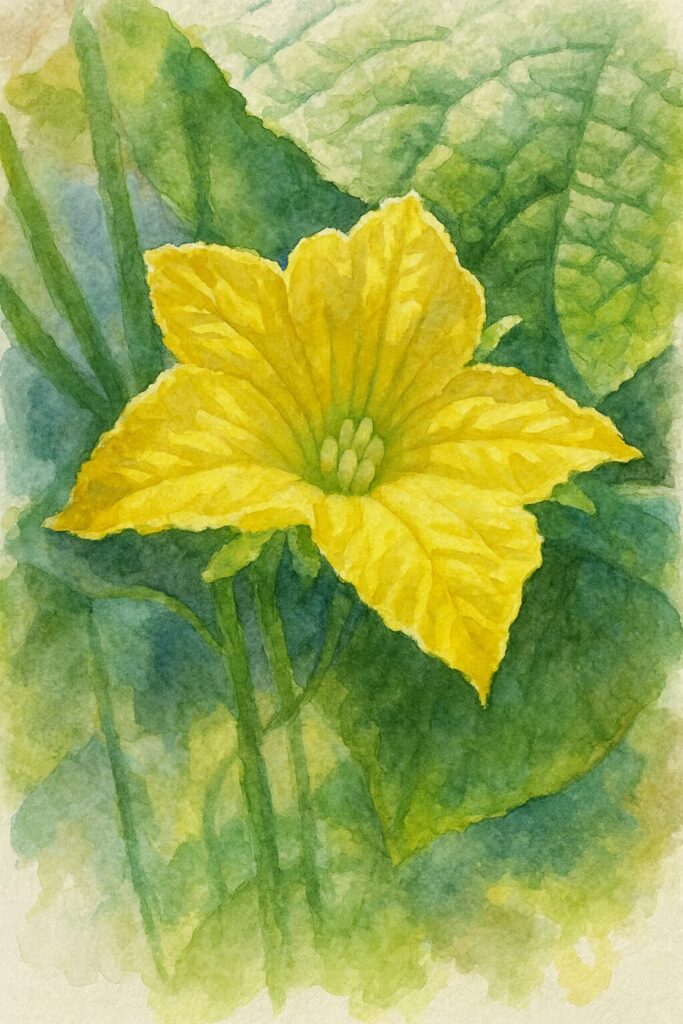 黄色いヘチマの花を柔らかなタッチで描いた水彩画風イラスト