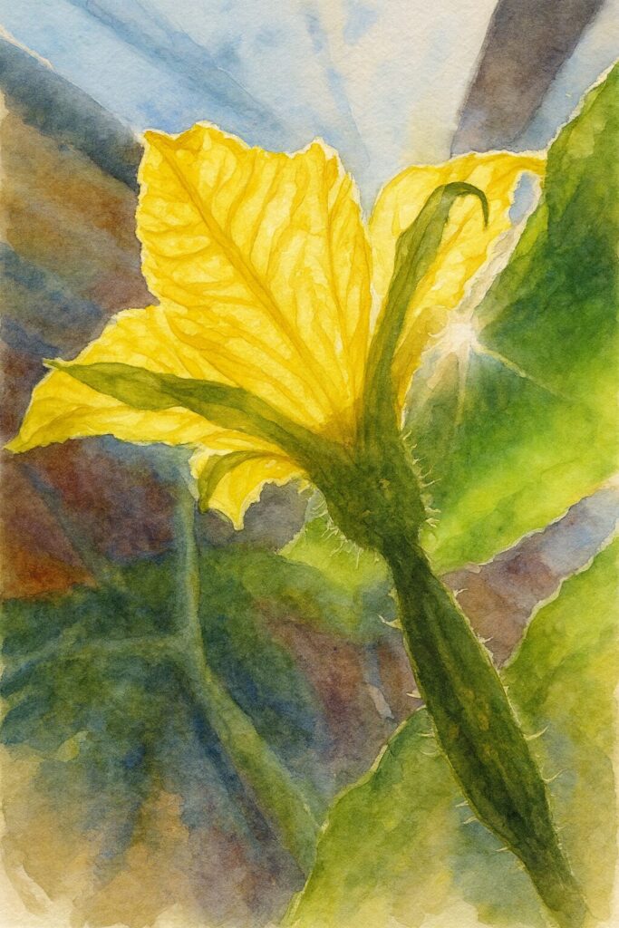 逆光で輝く黄色いヘチマの花を描いた水彩画風イラスト
