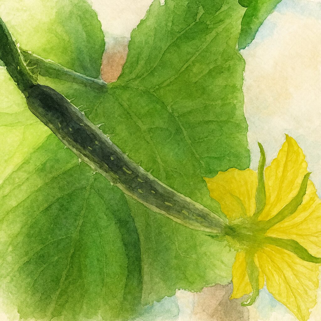 若いヘチマの実と黄色い花を柔らかなタッチで描いた水彩画風イラスト