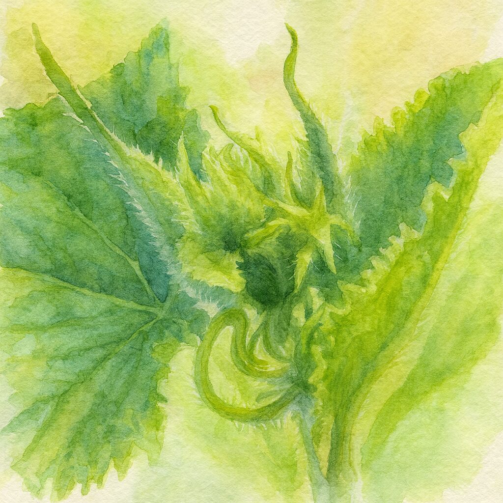 ヘチマの新芽と産毛の質感を柔らかく描いた水彩画風イラスト