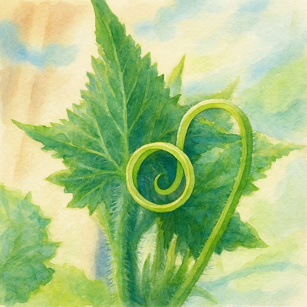 渦状につるを伸ばすヘチマの若葉を柔らかく描いた水彩画風イラスト