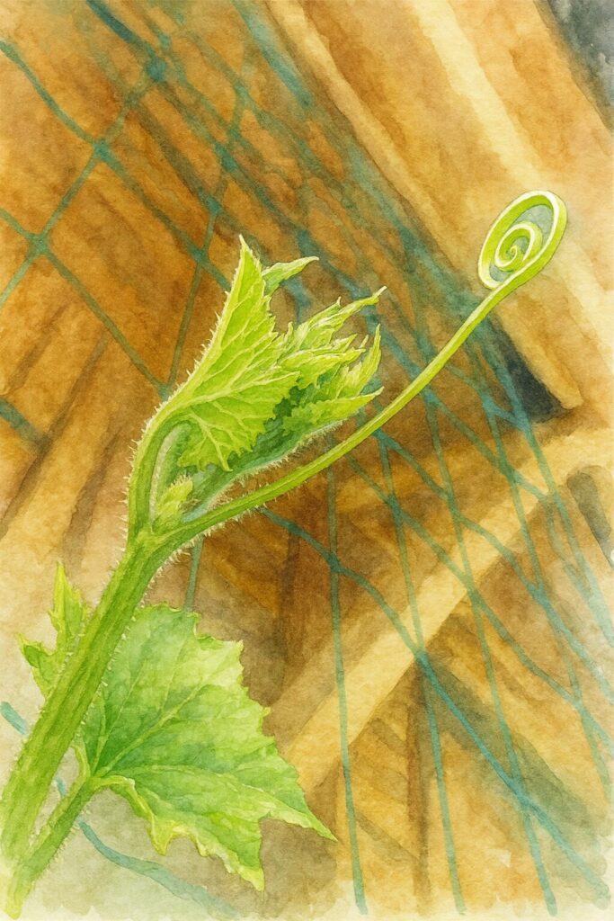 伸びるヘチマのつると新芽を柔らかい筆致で描いた水彩画風イラスト