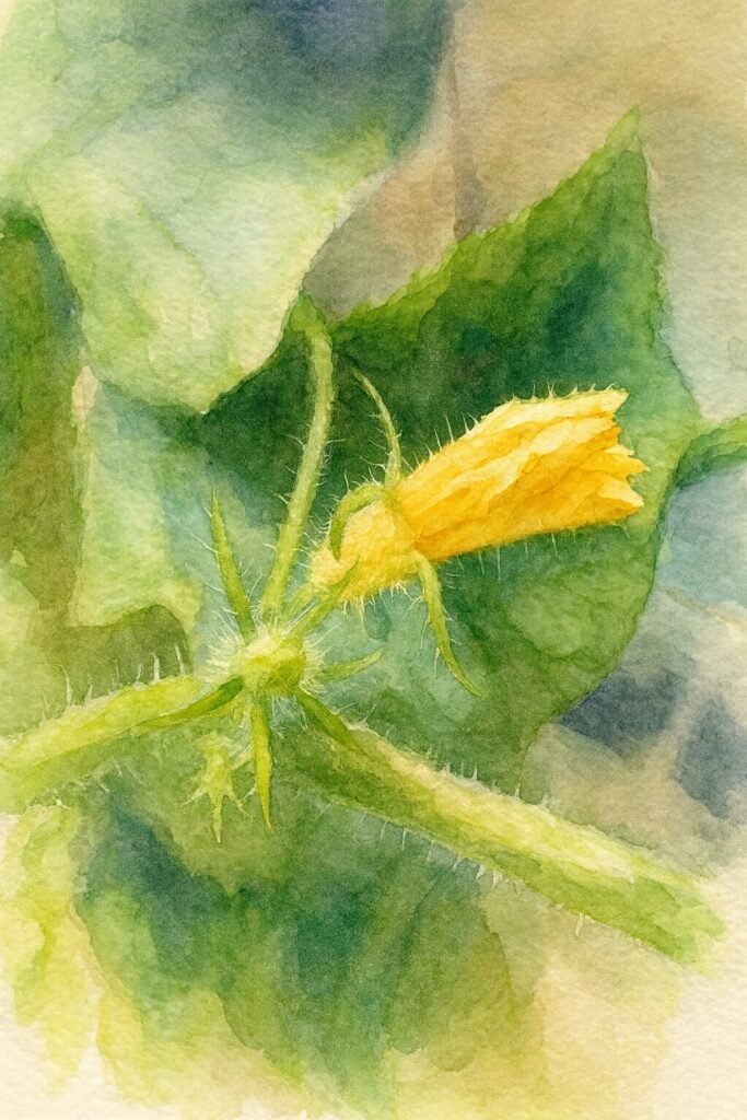 ヘチマのつぼみと茎の産毛を柔らかく描いた水彩画風イラスト