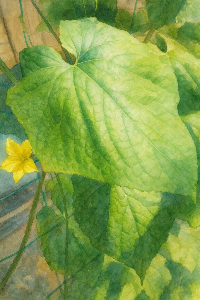 大きなヘチマの葉と黄色い花を柔らかな質感で描いた水彩画風イラスト