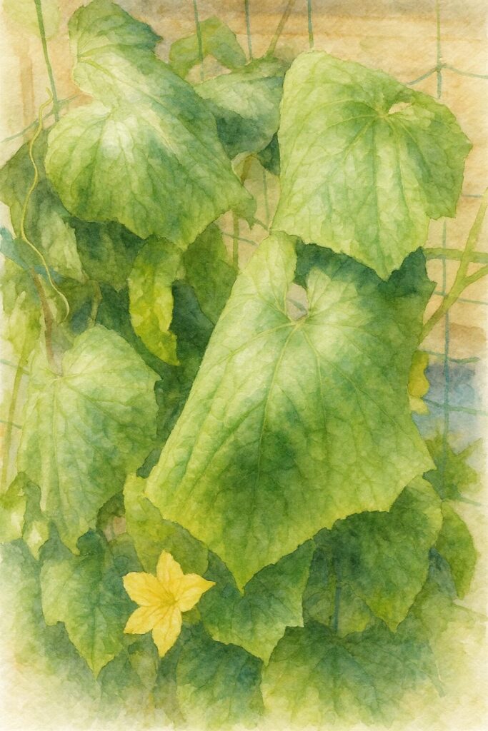 重なり合うヘチマの大きな葉を柔らかな色合いで描いた水彩画風イラスト