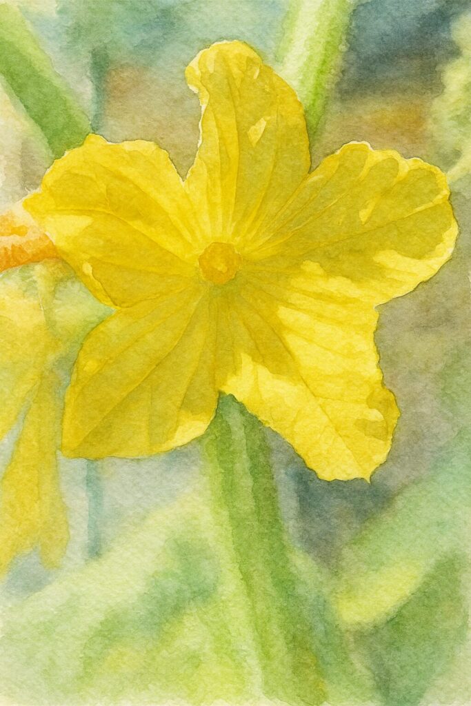 黄色いヘチマの花を柔らかい色合いで描いた水彩画風イラスト