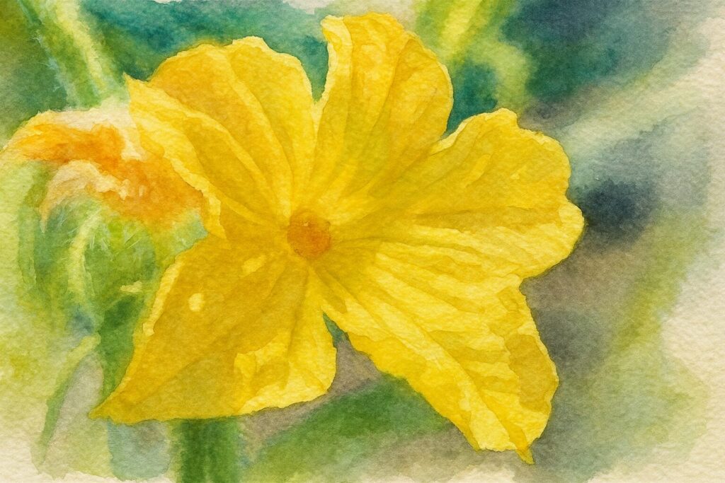 黄色いヘチマの花を柔らかなタッチで描いた水彩画風イラスト