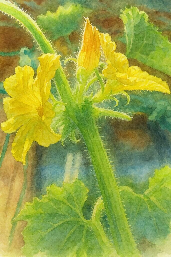 逆光で輝くヘチマの黄色い花を柔らかな筆致で描いた水彩画風イラスト