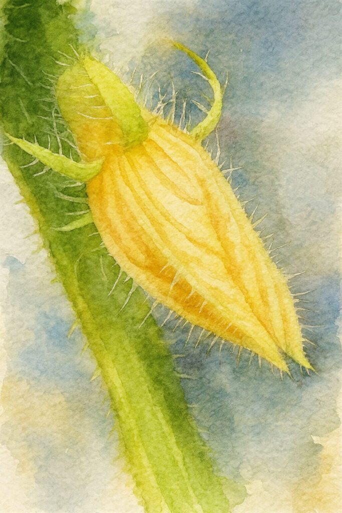 ヘチマのつぼみを繊細な質感で描いた水彩画風イラスト