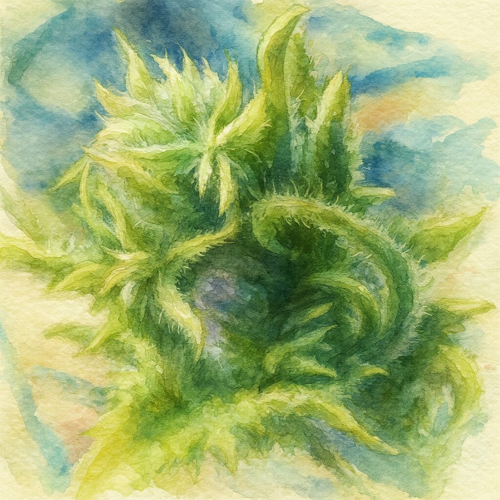 ヘチマの新芽と産毛の質感を柔らかく描いた水彩画風イラスト